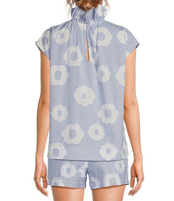 Trina Turk Sont Cassis Cotton Floral Print Mock Ruffle Neck Cap Sleeve Coordinating Top Product Image