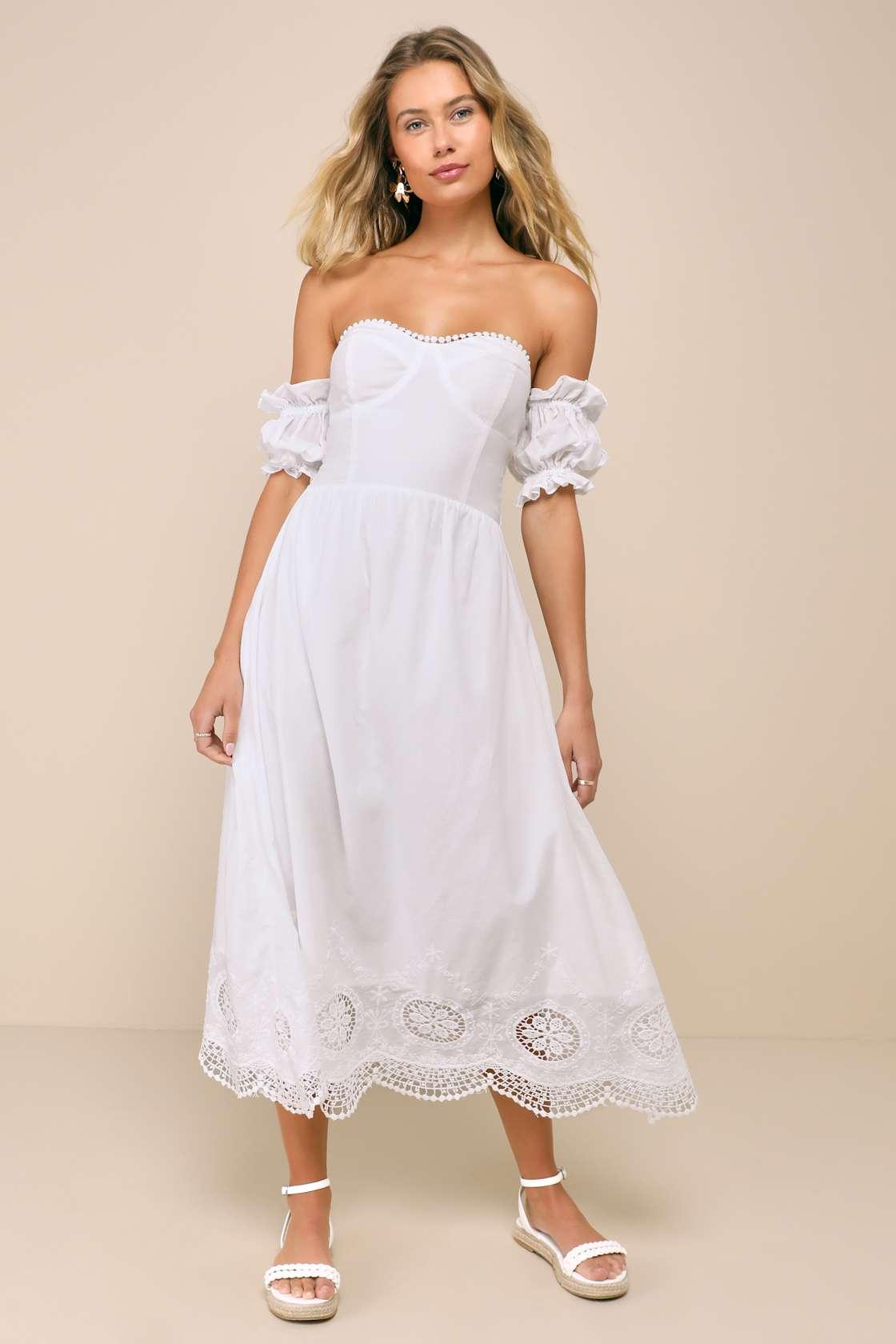 Sweet Sunlover White Embroidered Off-the-Shoulder Midi Dress Product Image