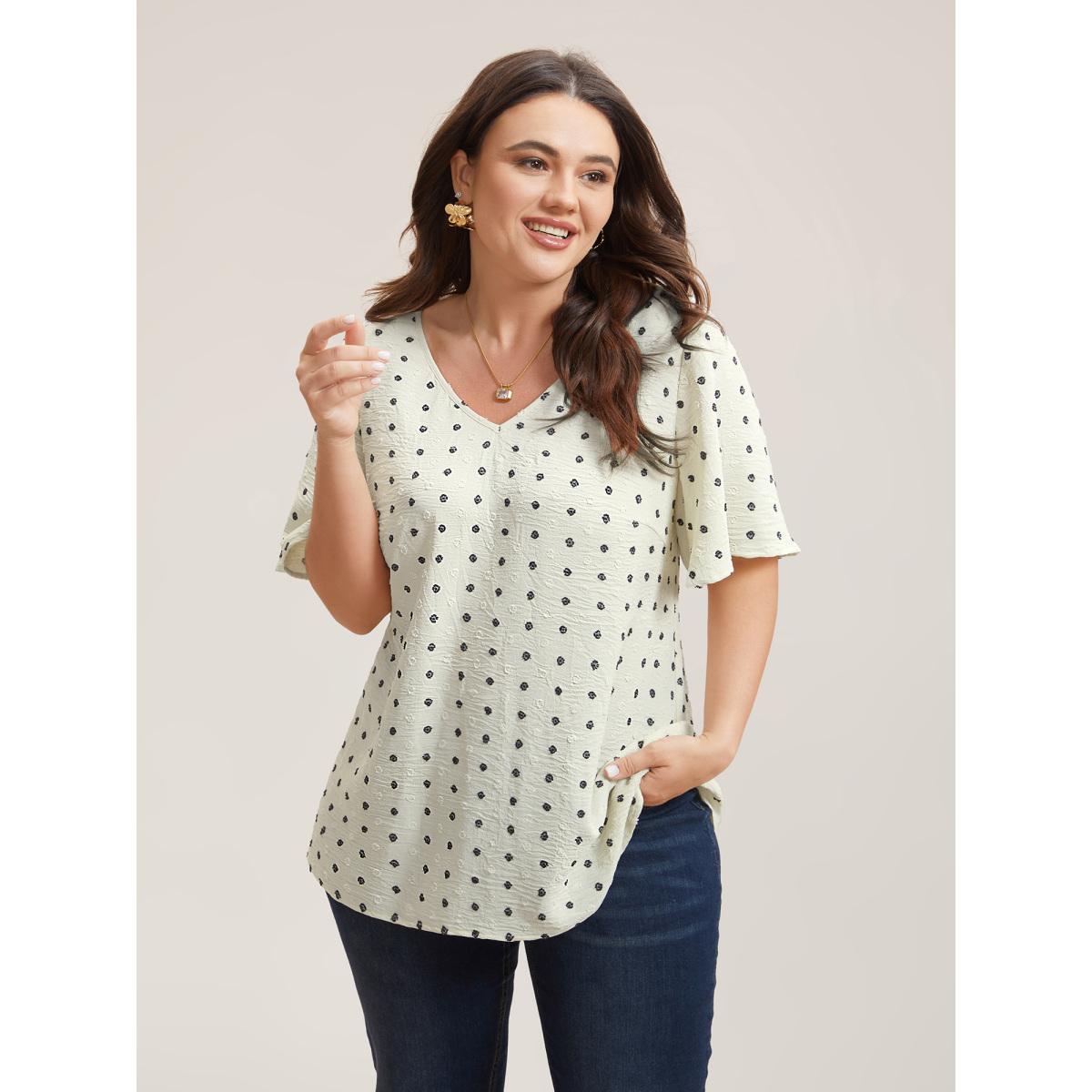 Plus Size Beige Textured Polka Dot Print Flared Sleeve Shirt Women Retro Short sleeve V-neck Elegant Blouses BloomChic 12/L Product Image