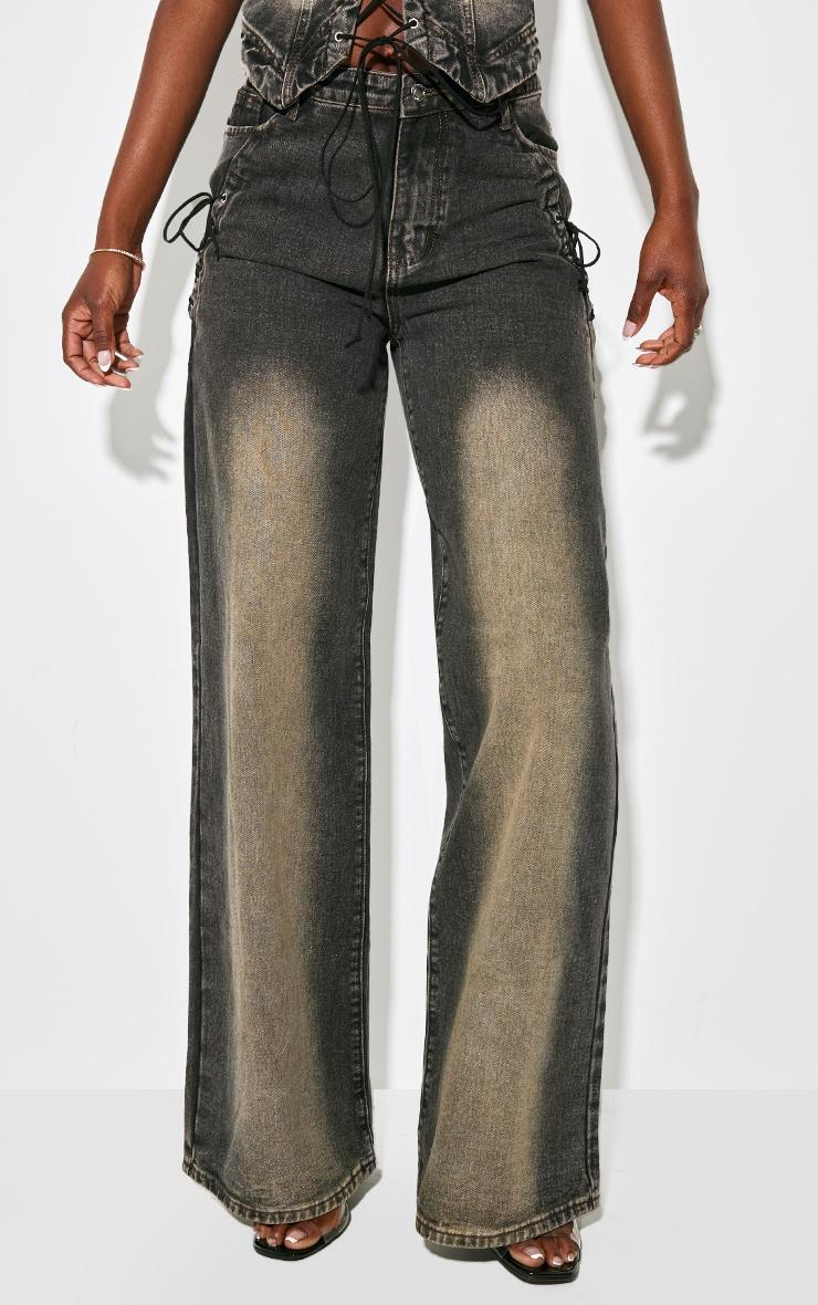 Tall Vintage Black Wash Lace Up Pocket Mid Rise Straight Leg Jeans Product Image