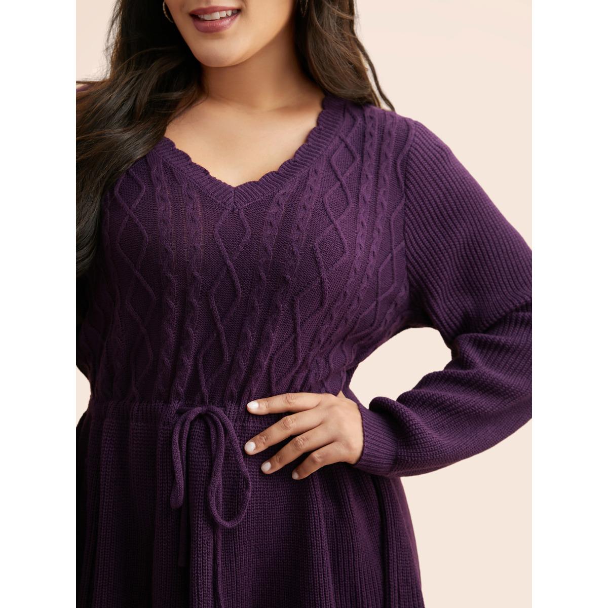 Plus Size V Neck Cable Knit Drawstring Pullover Eggplant Women Timeless Long Sleeve V-neck Elegant Pullovers BloomChic 12/L Product Image