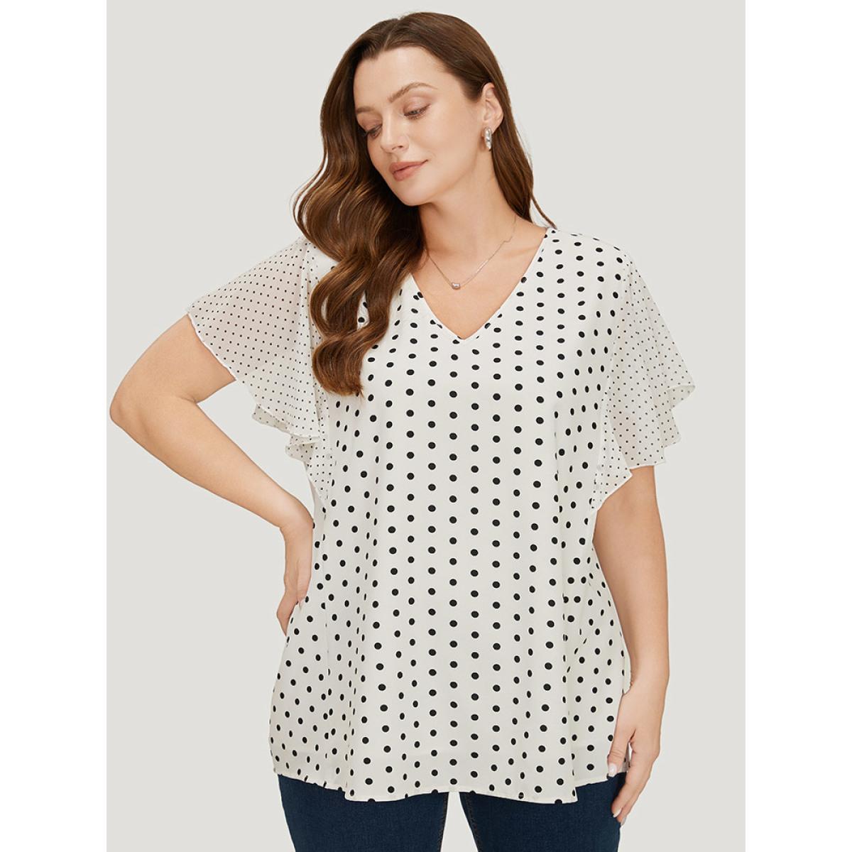 Plus Size White Polka Dot Patchwork Mesh Flutter Sleeve Blouse Women Office Short sleeve V-neck Office Blouses BloomChic 18-20/2X Product Image