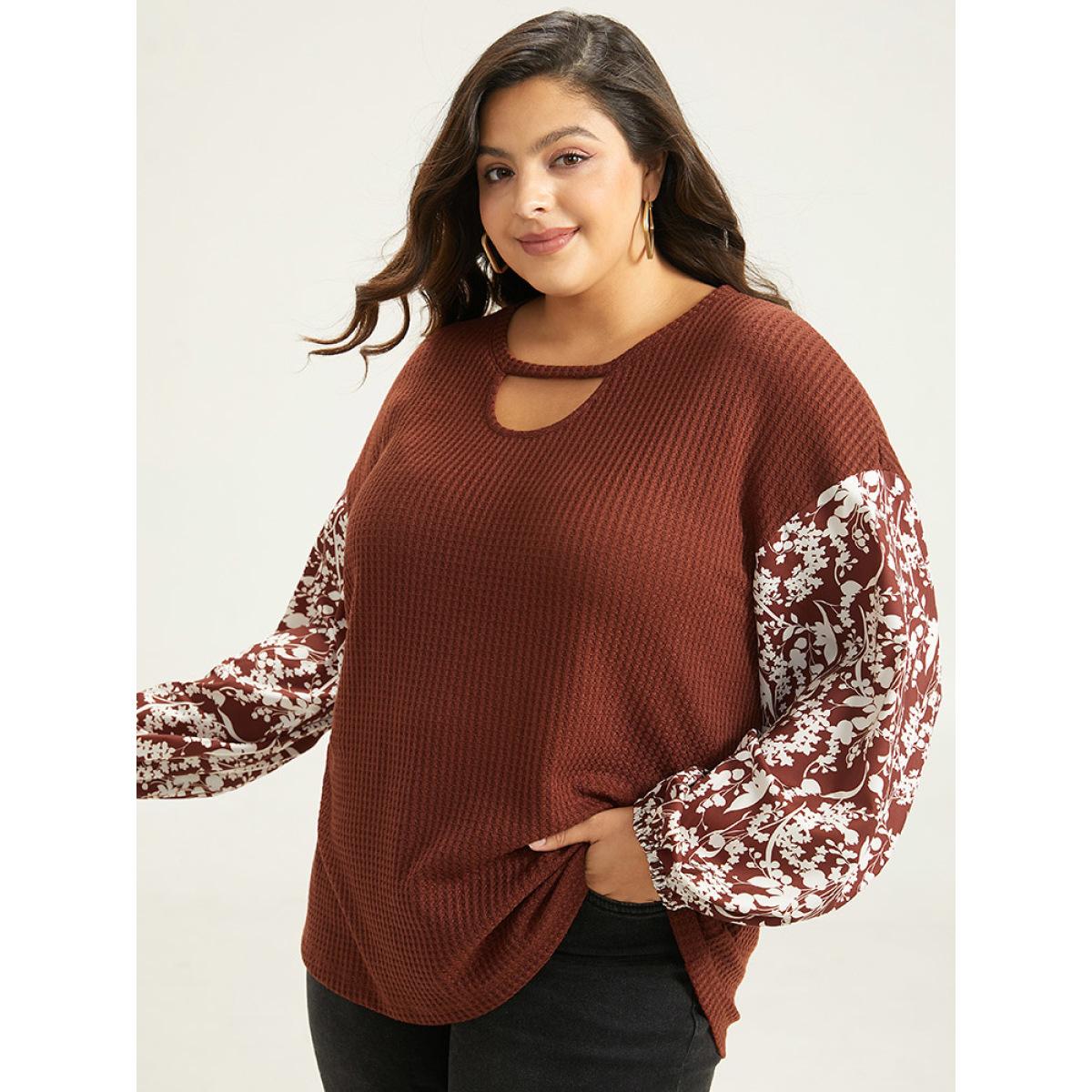 Plus Size Silhouette Floral Print Keyhole Lantern Sleeve Sweatshirt Maroon Women Elegant Elastic cuffs Silhouette Floral Print Keyhole Cut-Out Dailywear T-shirts BloomChic 14-16/1X Product Image