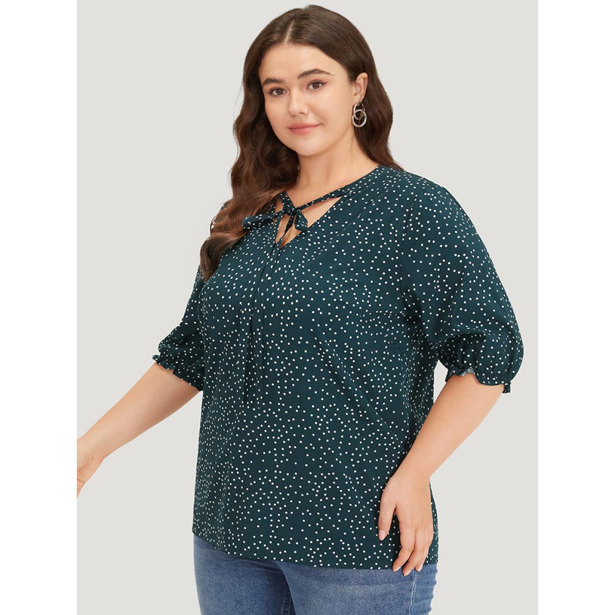 Plus Size DarkGreen Polka Dot Knot Neck Lantern Sleeve Blouse Women Office Half Sleeve Tie Neck Work Blouses BloomChic 22-24/3X Product Image