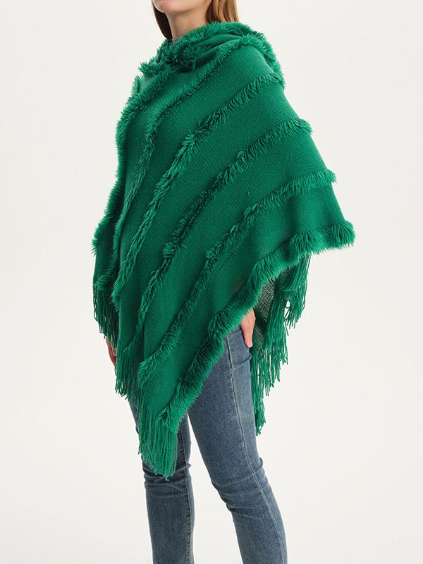 Hooded Keep Warm Solid Color Tasseled Cape Shawl&Cloak Product Image