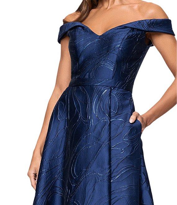 Xscape Metallic Printed Off-The-Shoulder Jacquard Gown Product Image