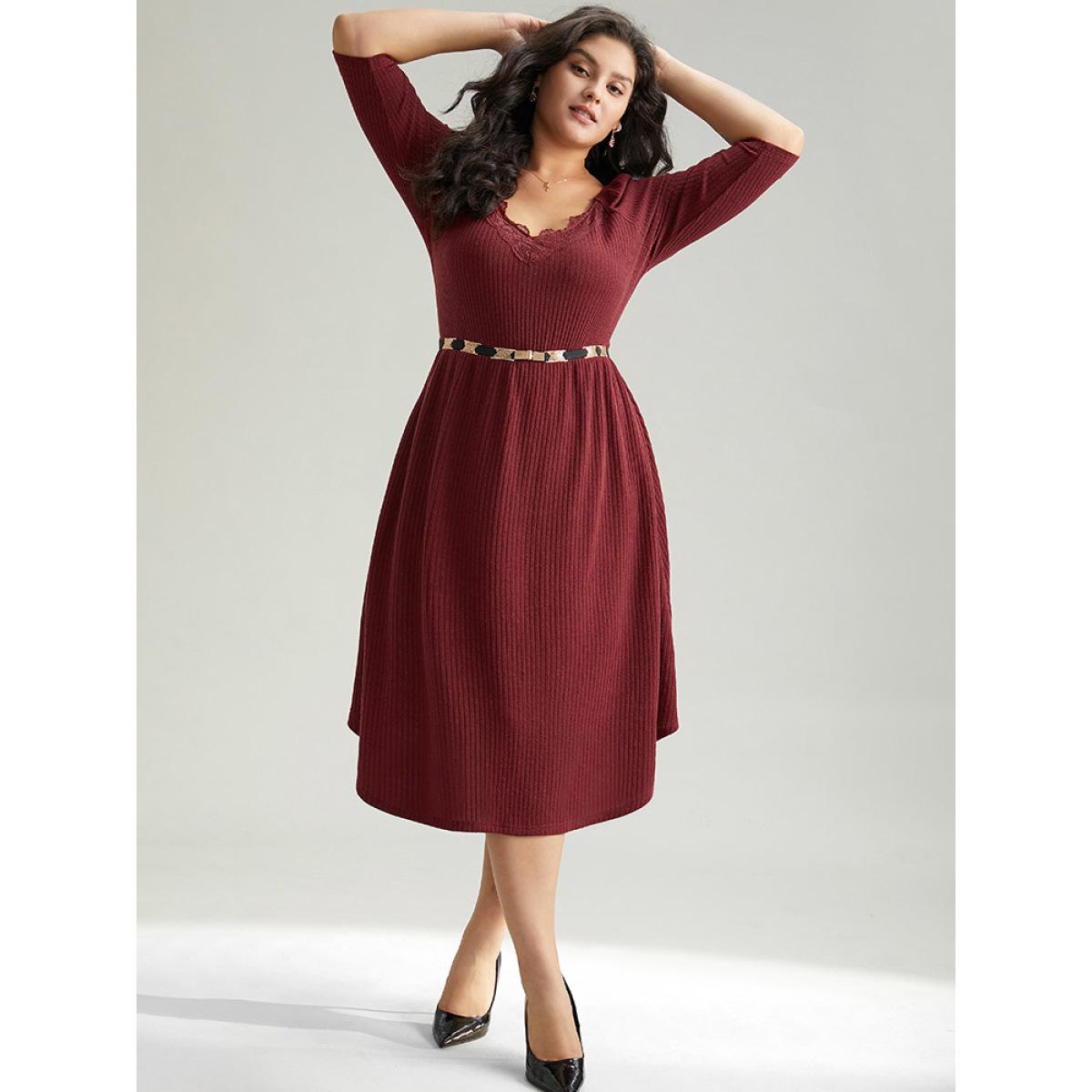 Plus Size Solid Rib Knit Lace Insert Dress Burgundy Women Elegant Rib Knit V-neck Long Sleeve Curvy Midi Dress BloomChic 18-20/2X Product Image