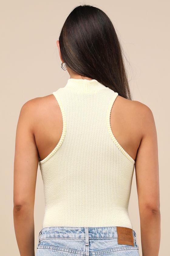 Vyla Light Yellow Textured Ribbed Twist-Front Bodysuit Product Image