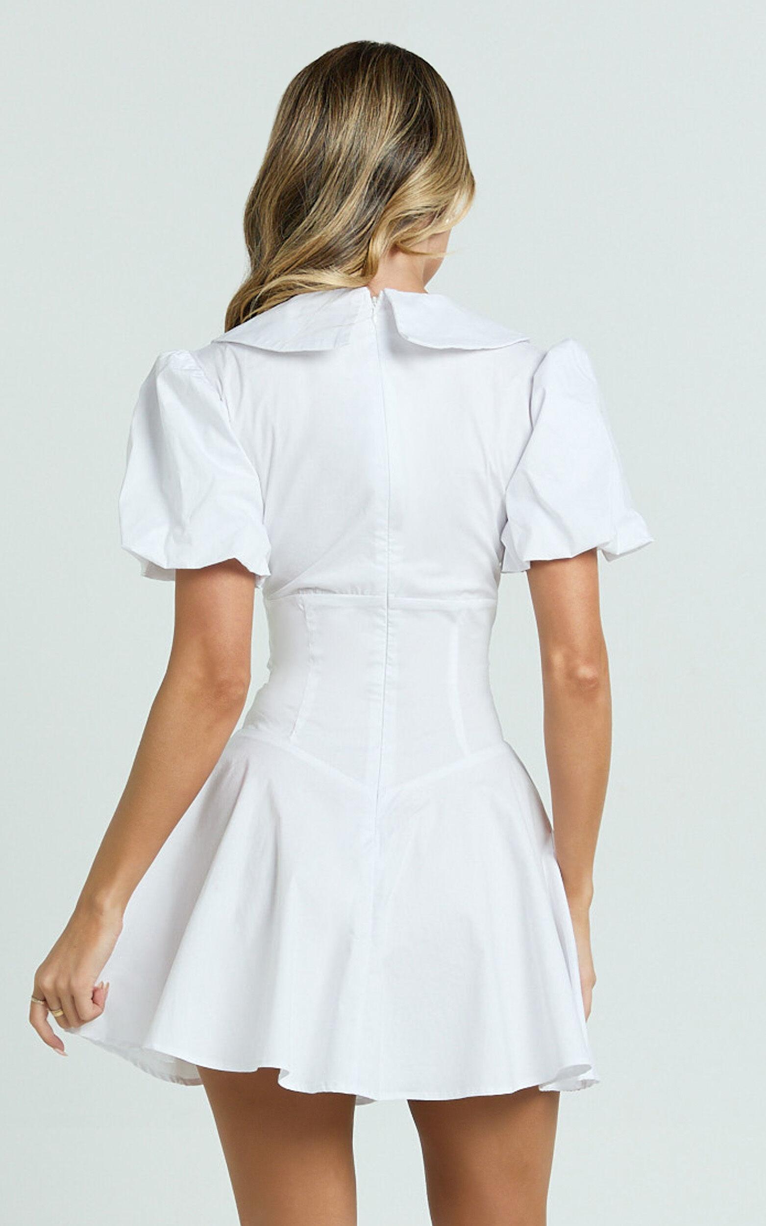 Lucy Mini Dress - Deep V Oversized  Collar Puff Sleeve A Line Dress in White Product Image