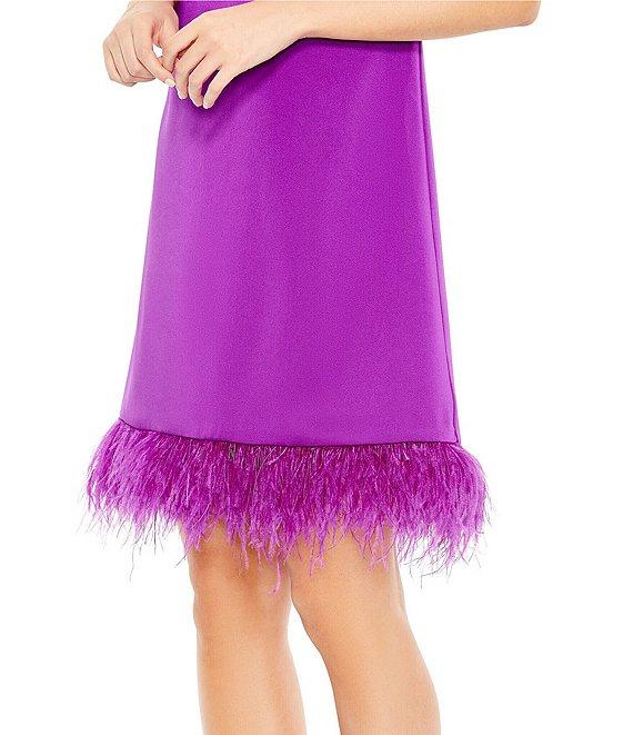 Mac Duggal Feather Trim Crew Neck Sleeveless Trapeze Mini Dress Product Image