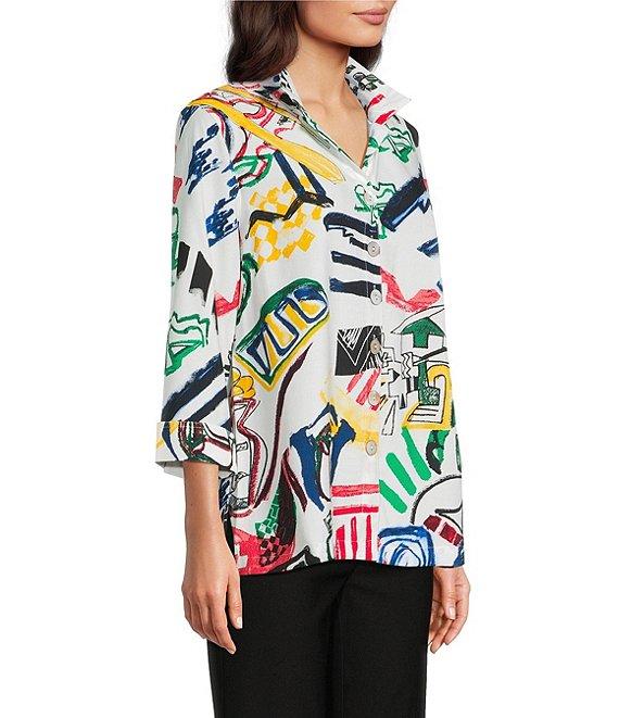 Ali Miles Woven Abstract Doodle Print Wire Collar 3/4 Sleeve Button Front Tunic Product Image