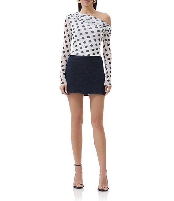 AFRM Barry Dotted Print Mesh Asymmetric Neck Long Sleeve Top Product Image