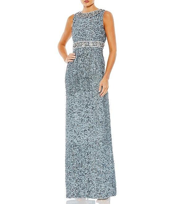 Mac Duggal Sleeveless Crew Neck Beaded Column Gown Product Image