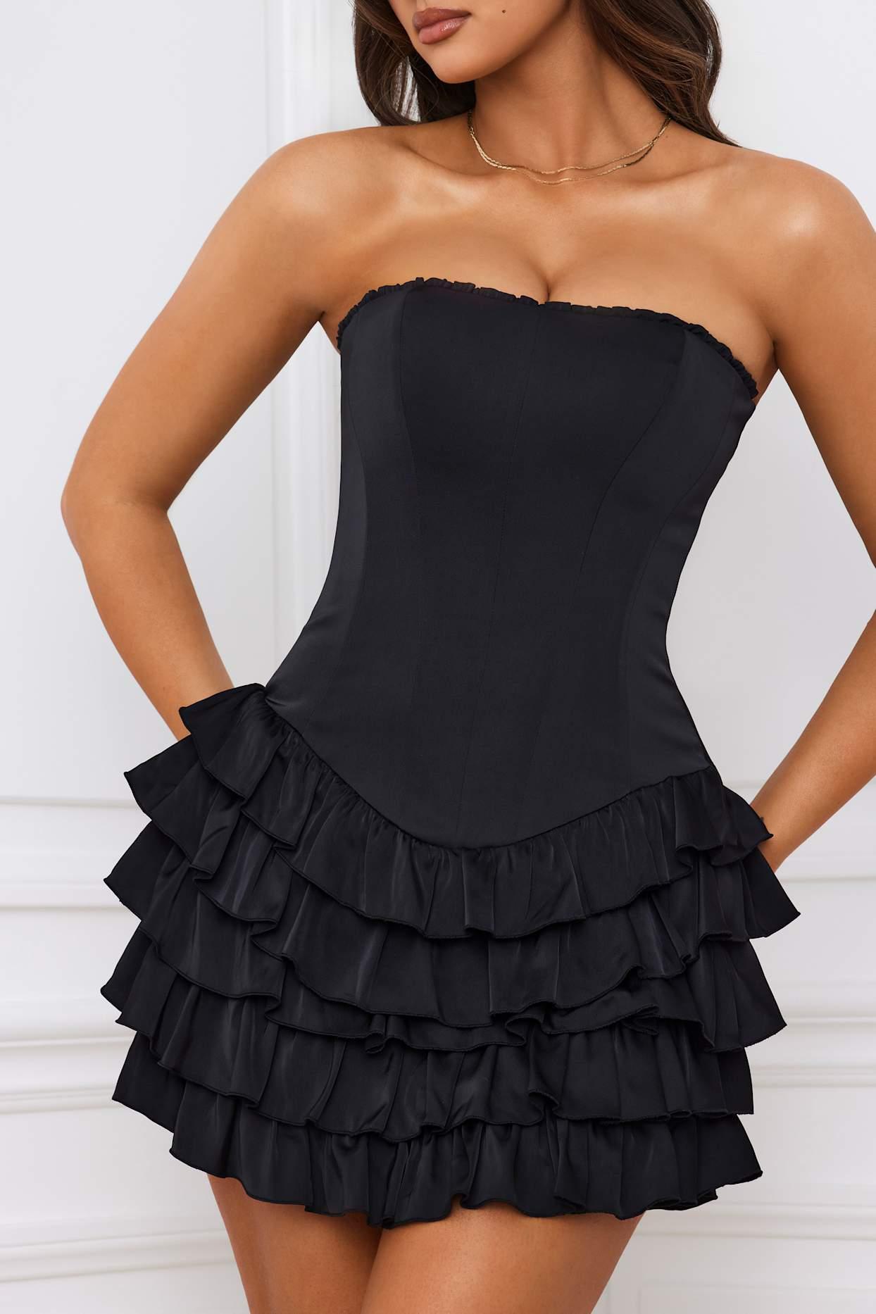 Bandeau Ruffled Tiered Corset Mini Dress in Black Product Image