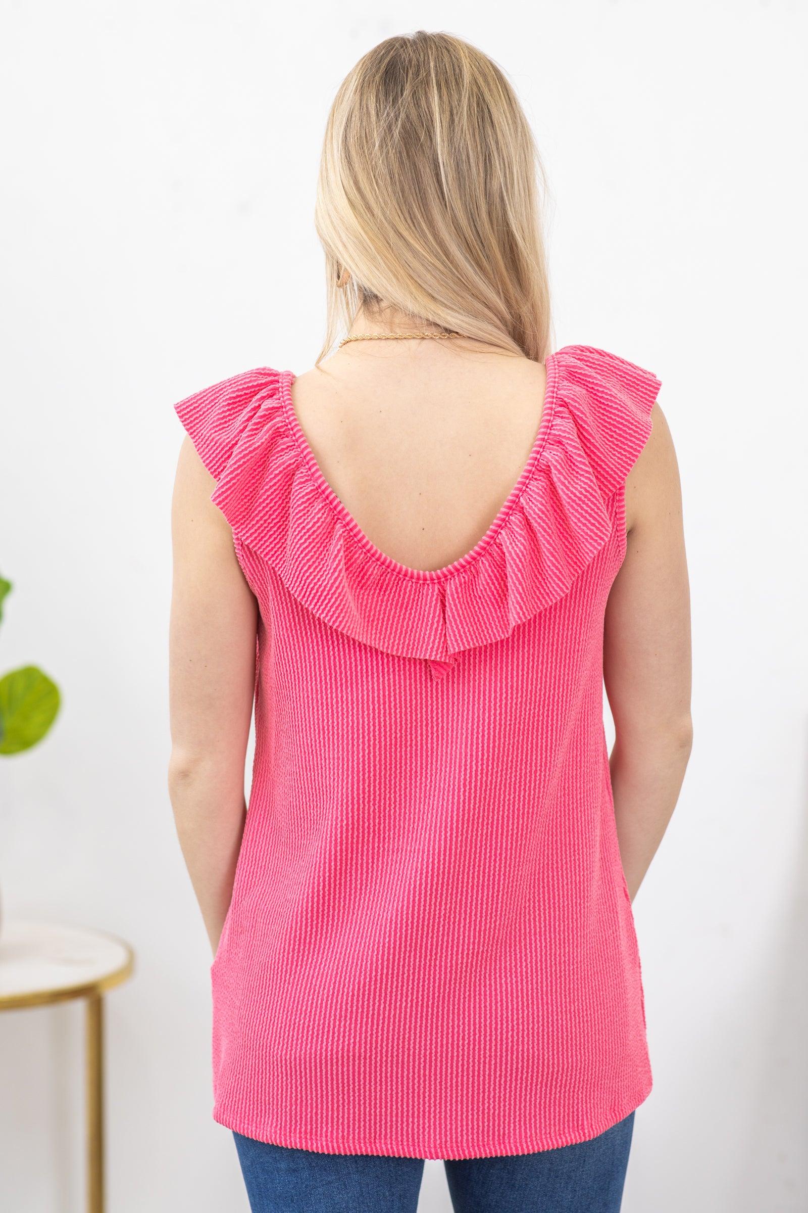 Coral Ruffled V-Neck Ribbed Knit Tank Product Image