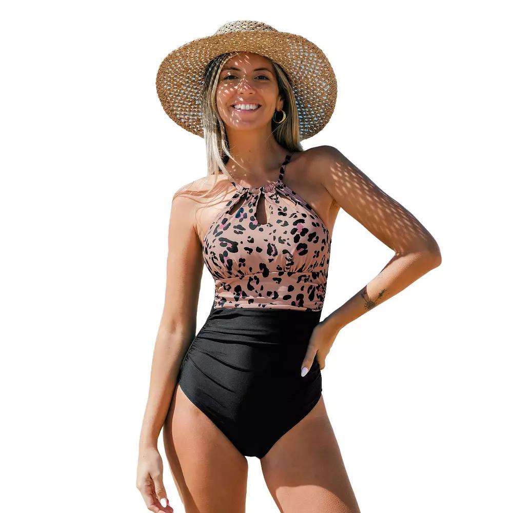 Women's Cupshe High Neck Tummy Control One-Piece Swimsuit, Size: Small, Brown Product Image