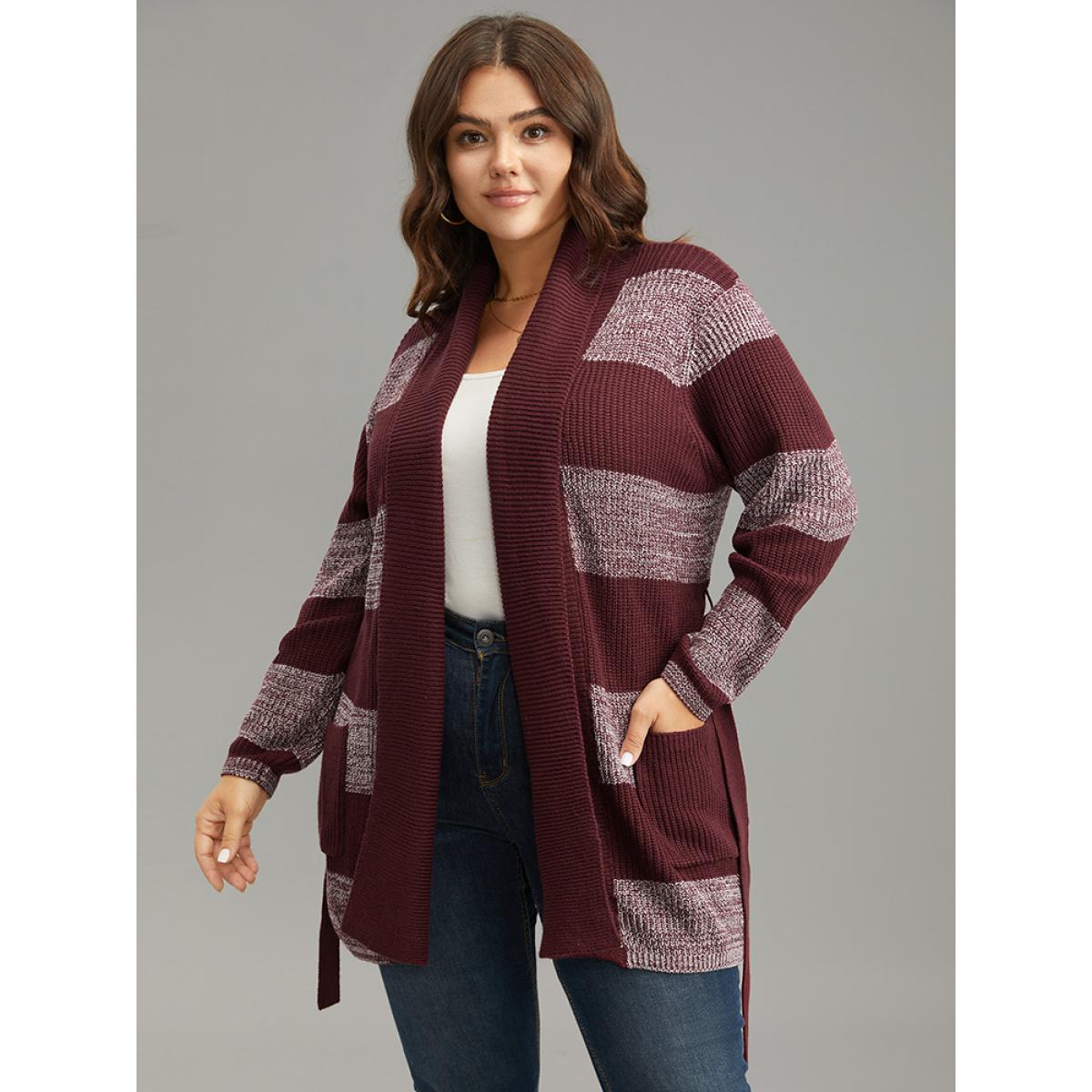 Plus Size Colorblock Heather Belted Pocket Cardigan Burgundy Women Casual Loose Long Sleeve Dailywear Cardigans BloomChic 14-16/1X Product Image