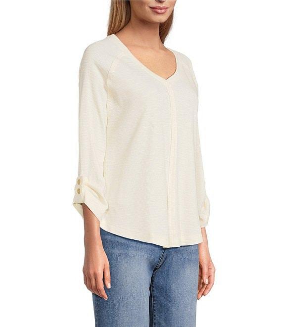 Westbound Petite Size Solid Knit 3/4 Bell Sleeve V-Neck Top Product Image
