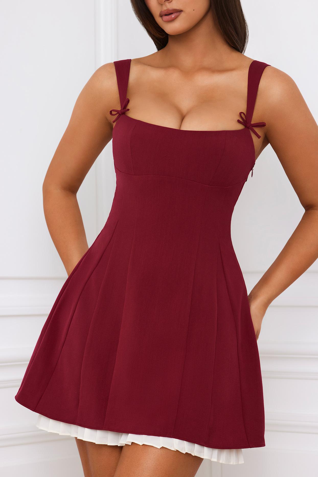 Bow-Detail Pleated A-Line Mini Dress in Berry Red Product Image