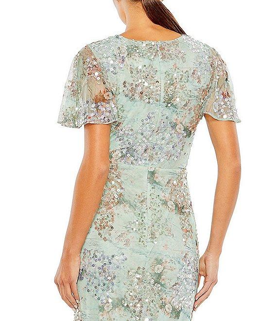 Mac Duggal Floral Sequin Short Butterfly Sleeve Faux Wrap Thigh High Slit Gown Product Image