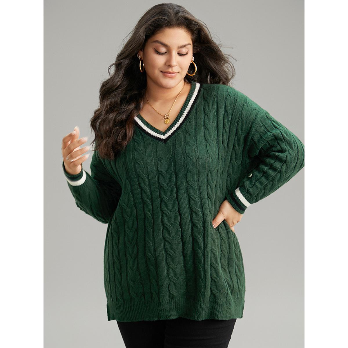 Plus Size Cable Knit Contrast Trim Drop Shoulder Pullover DarkGreen Women Casual Loose Long Sleeve V-neck Dailywear Pullovers BloomChic 22-24/3X Product Image