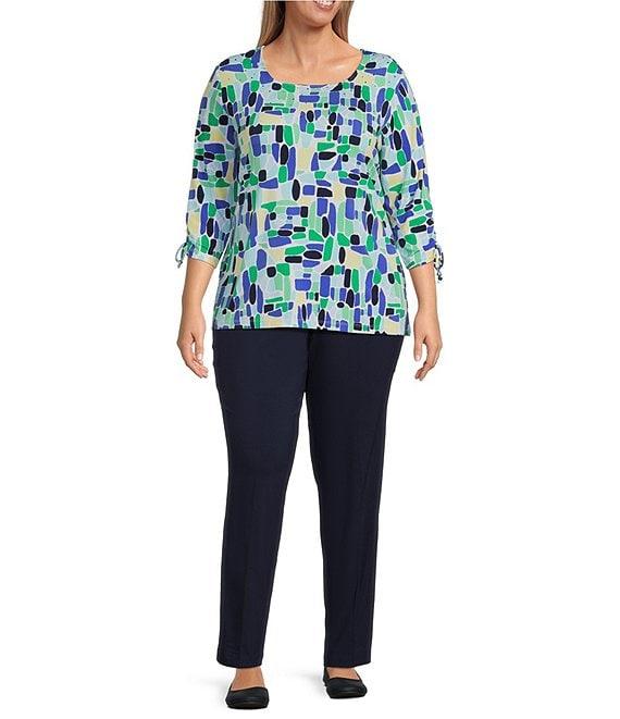Allison Daley Plus Size Kelly Mosaic 3/4 Tie Sleeve Square Neck Knit Top Product Image