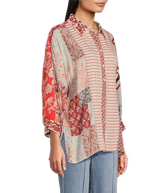 John Mark Yarn Dyed Patch Print Point Collar 3/4 Dolman Sleeve Button Front Top Product Image