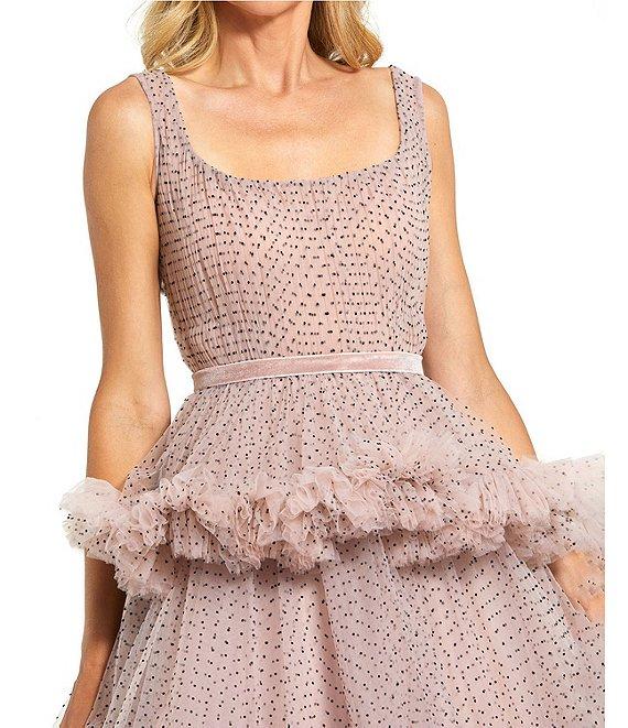 Mac Duggal Dotted Tulle Square Neck Sleeveless Tiered Ruffle Midi Dress Product Image