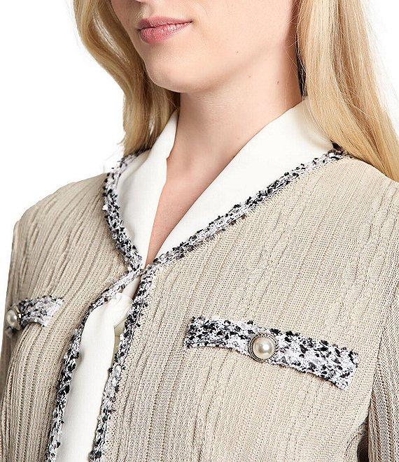 Ming Wang Knit V-Neck Bracelet Sleeve Eyelash Trim Jacket Product Image