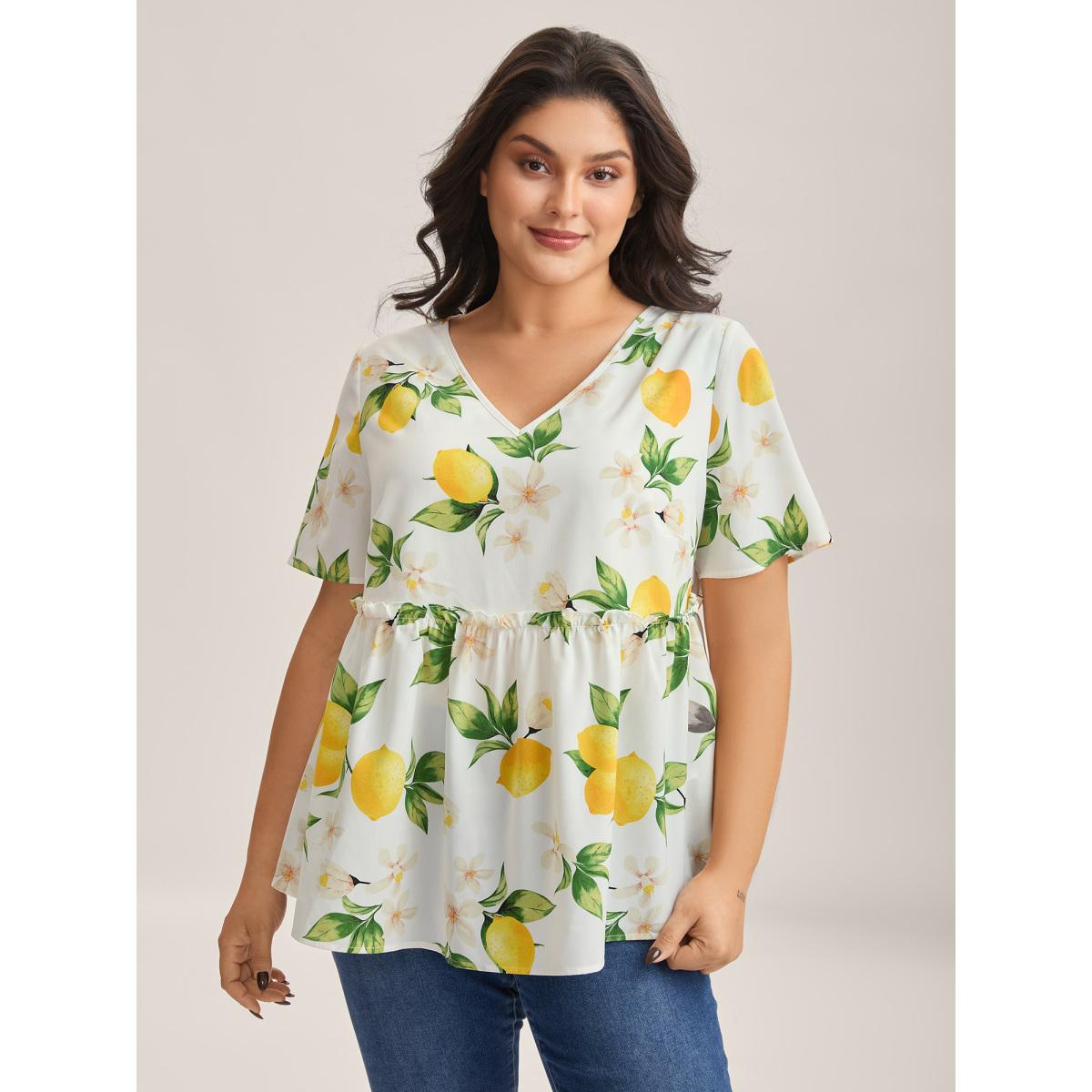 Plus Size WhiteSmoke Citrus Print Petal Trim Blouse Women Short sleeve V-neck Everyday-Casual Blouses BloomChic 12/L Product Image