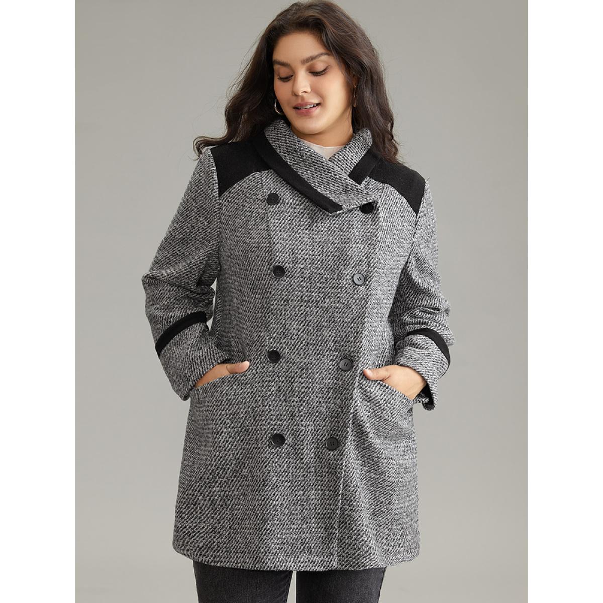 Plus Size Contrast Tweed Double Breasted Flap Pocket Coat Women DimGray Casual Lined Ladies Dailywear Winter Coats BloomChic 30/6X Product Image