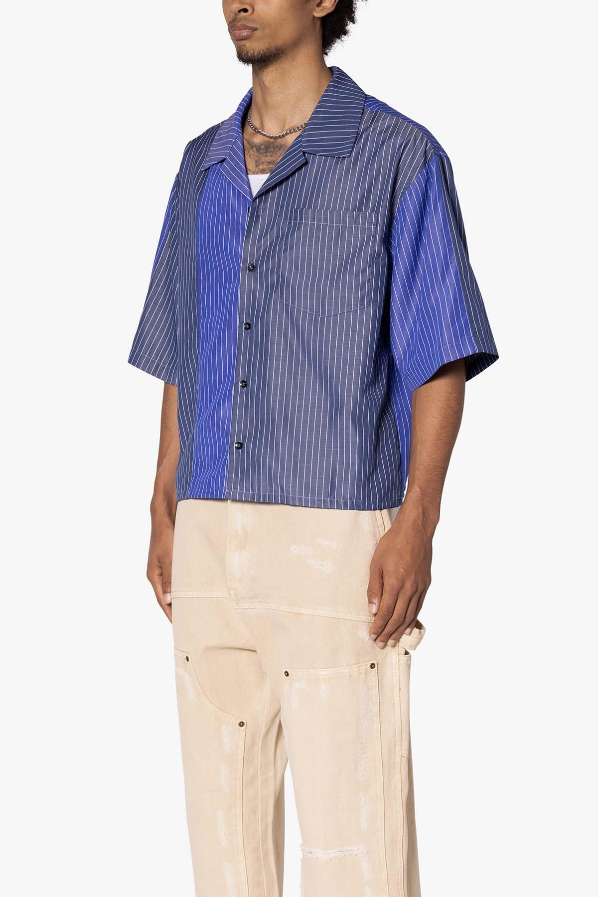 Cropped Panel Stripe Short Sleeve Shirt - Blue Product Image