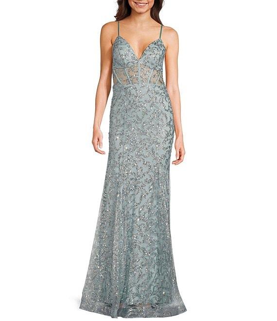 Blondie Nites Glitter Sequin Pattern V-Neck Spaghetti Strap Corset Lace-Up Back Gown Product Image