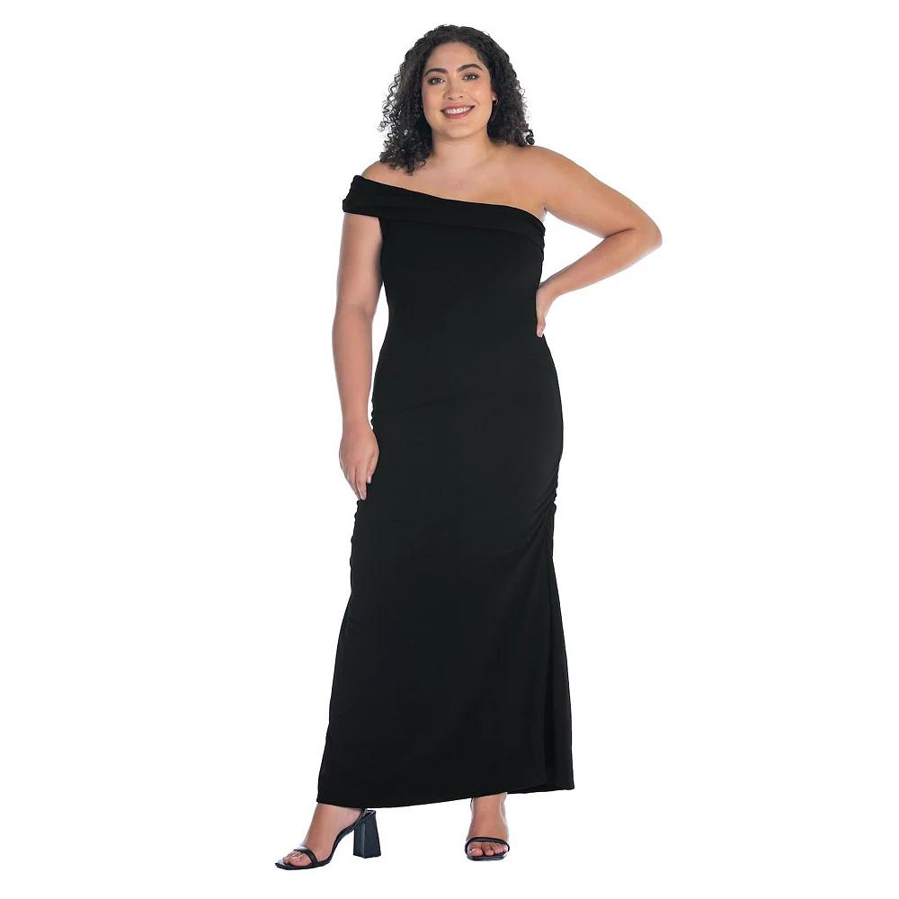 Plus Size 24Seven Comfort Apparel Formal One Shoulder Ruched Mermaid Maxi Dress, Women's, Size: 2XL, Black Product Image