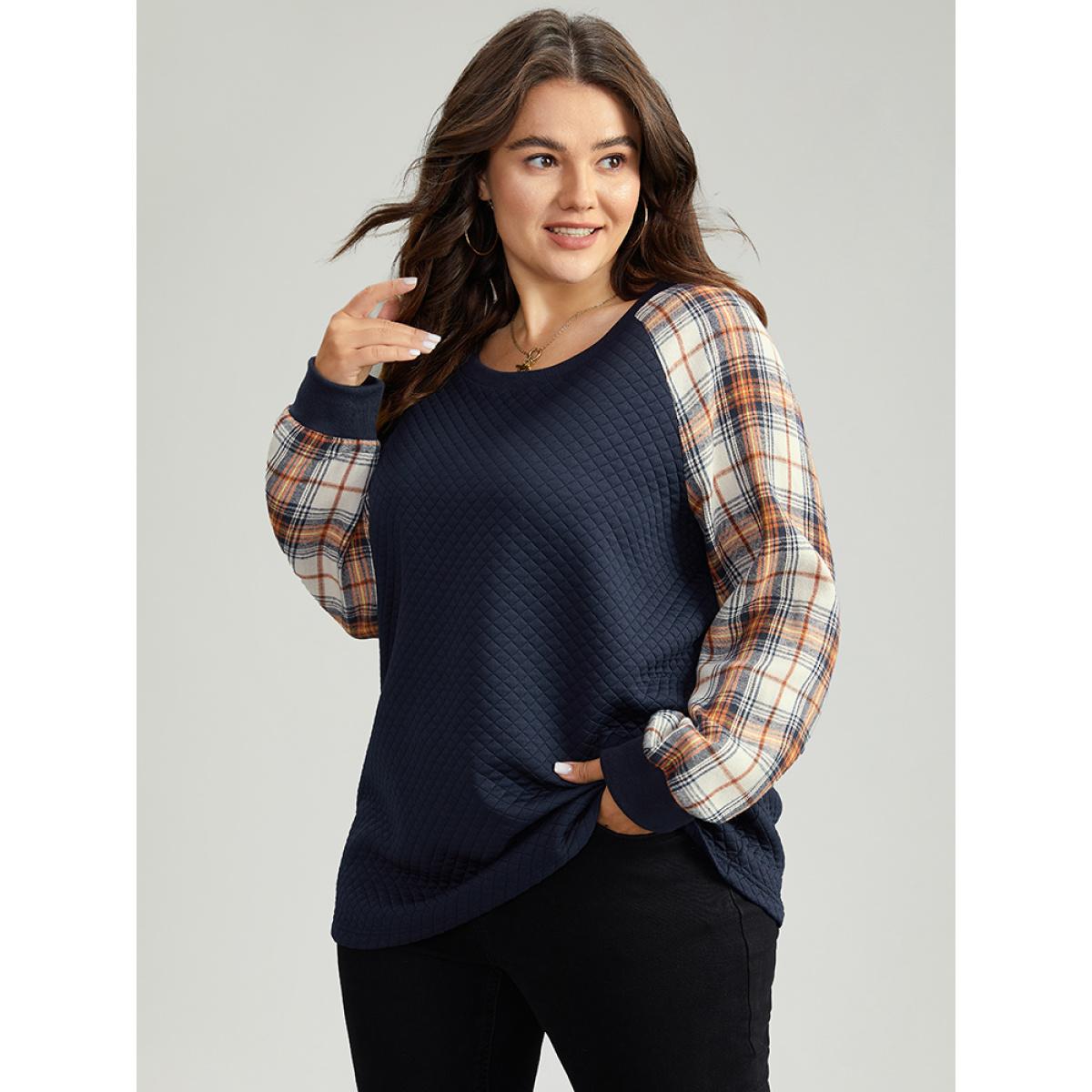 Plus Size Rib Knit Plaid Patchwork Raglan Sleeve Sweatshirt Women DarkBlue Casual Elastic cuffs Round Neck Festival-Christmas Sweatshirts BloomChic 22-24/3X Product Image