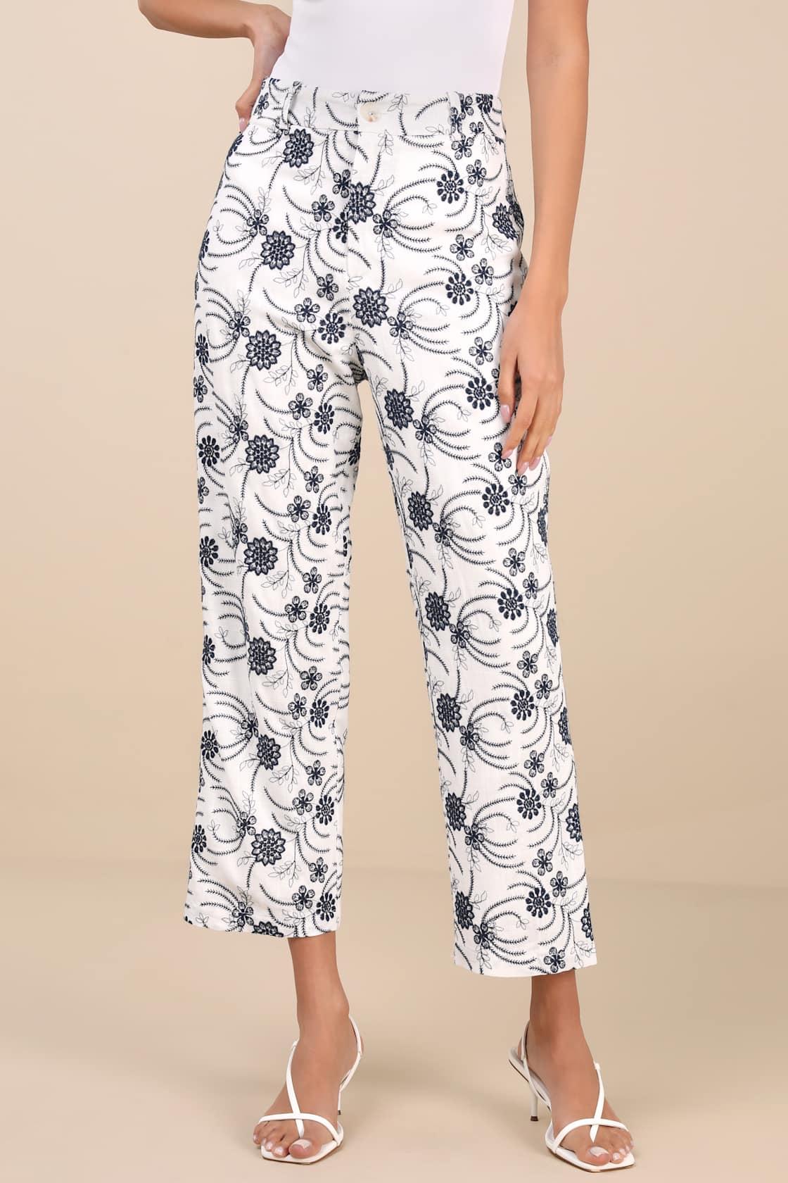 Auroria White Embroidered High-Rise Cropped Pants Product Image