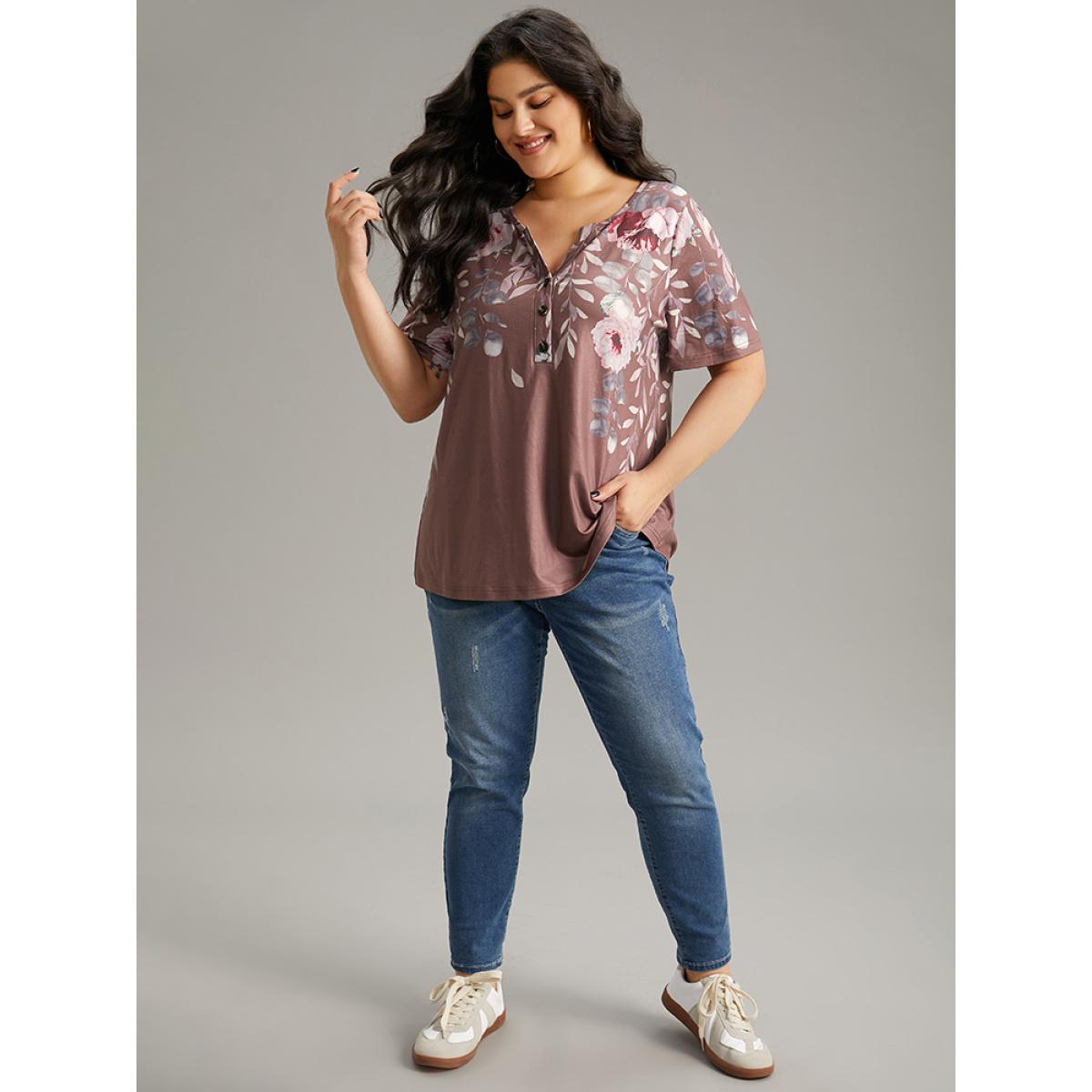 Plus Size Floral Print Notched Button Up T-shirt Multicolor Women Casual Printed Floral Open Front Dailywear T-shirts BloomChic 14-16/1X Product Image