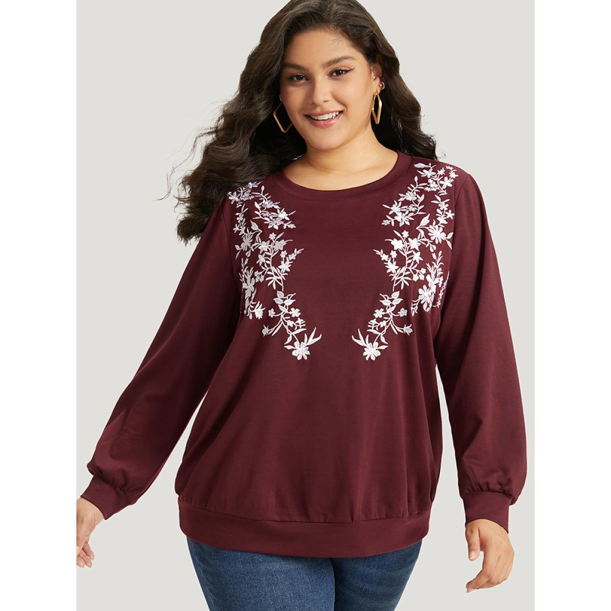 Plus Size Silhouette Floral Print Embroidered Crew Neck Sweatshirt Women Burgundy Casual Elastic cuffs Round Neck Dailywear Sweatshirts BloomChic 12/L Product Image