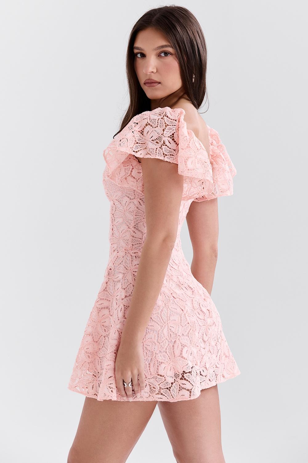 Verity  perfectly pink floral lace mini dress Product Image