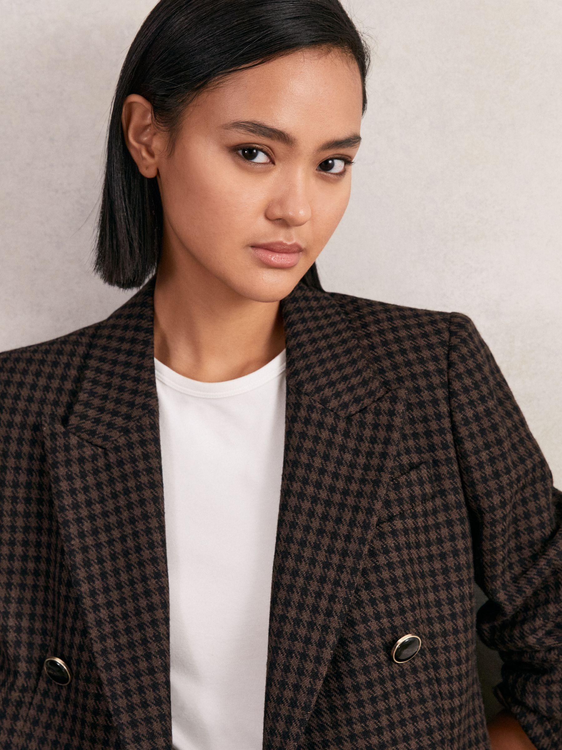 Wool-Blend Double-Breasted Check Blazer in Brown Check Product Image