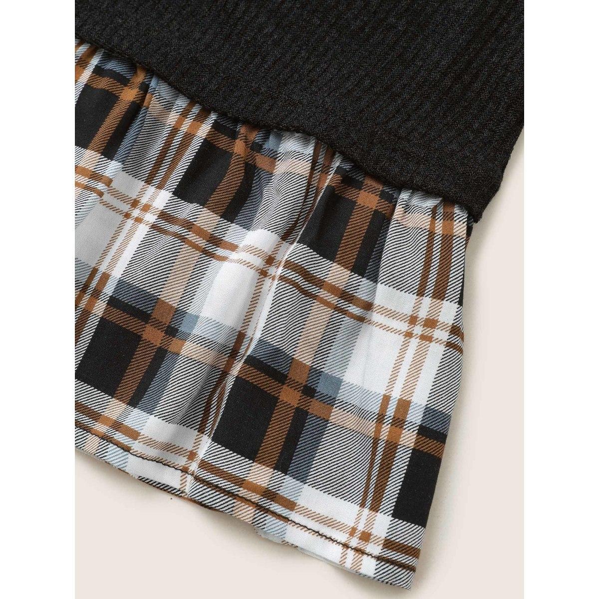 Plus Size Rib Knit Plaid Patchwork Raglan Sleeve T-shirt Black Women Casual Texture Plaid Round Neck Everyday T-shirts BloomChic 26/4X Product Image