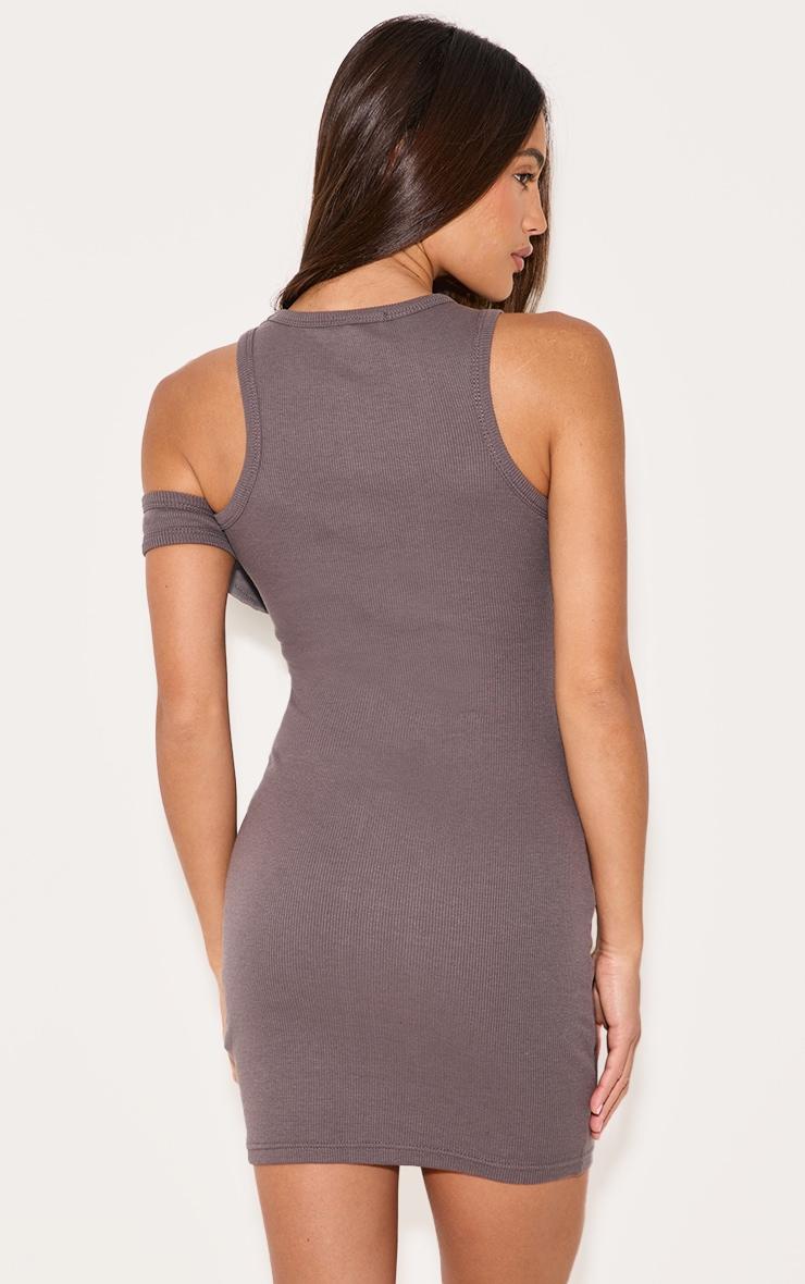Dark Grey Asymmetric Ribbed Bodycon Dress Product Image