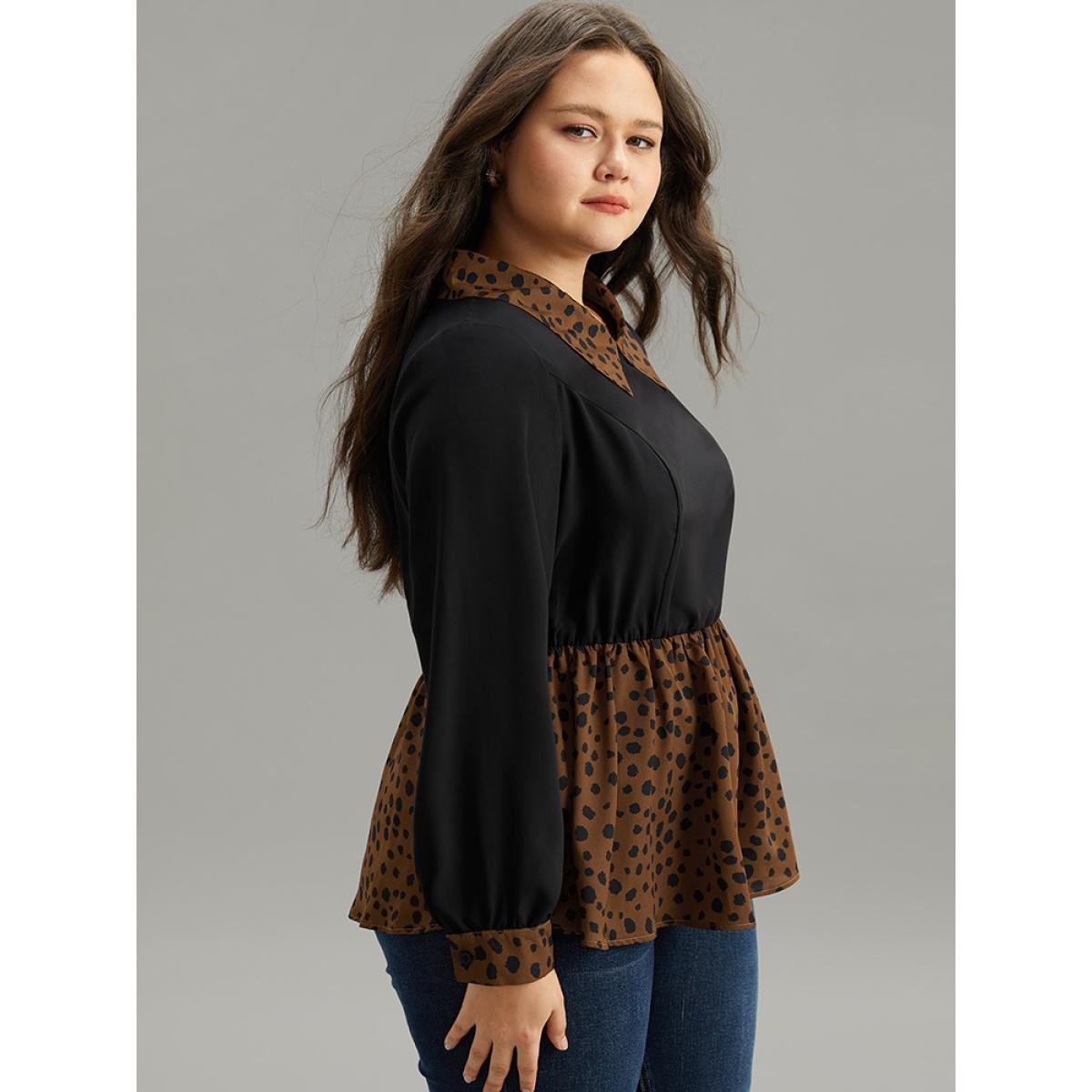 Plus Size Black Leopard Patchwork Elastic Waist Blouse Women Elegant Long Sleeve Lapel Collar Dailywear Blouses BloomChic 18-20/2X Product Image