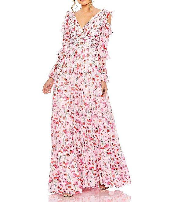 Mac Duggal Floral Print V-Neck Long Sleeve Tiered Ruffled A-Line Gown Product Image