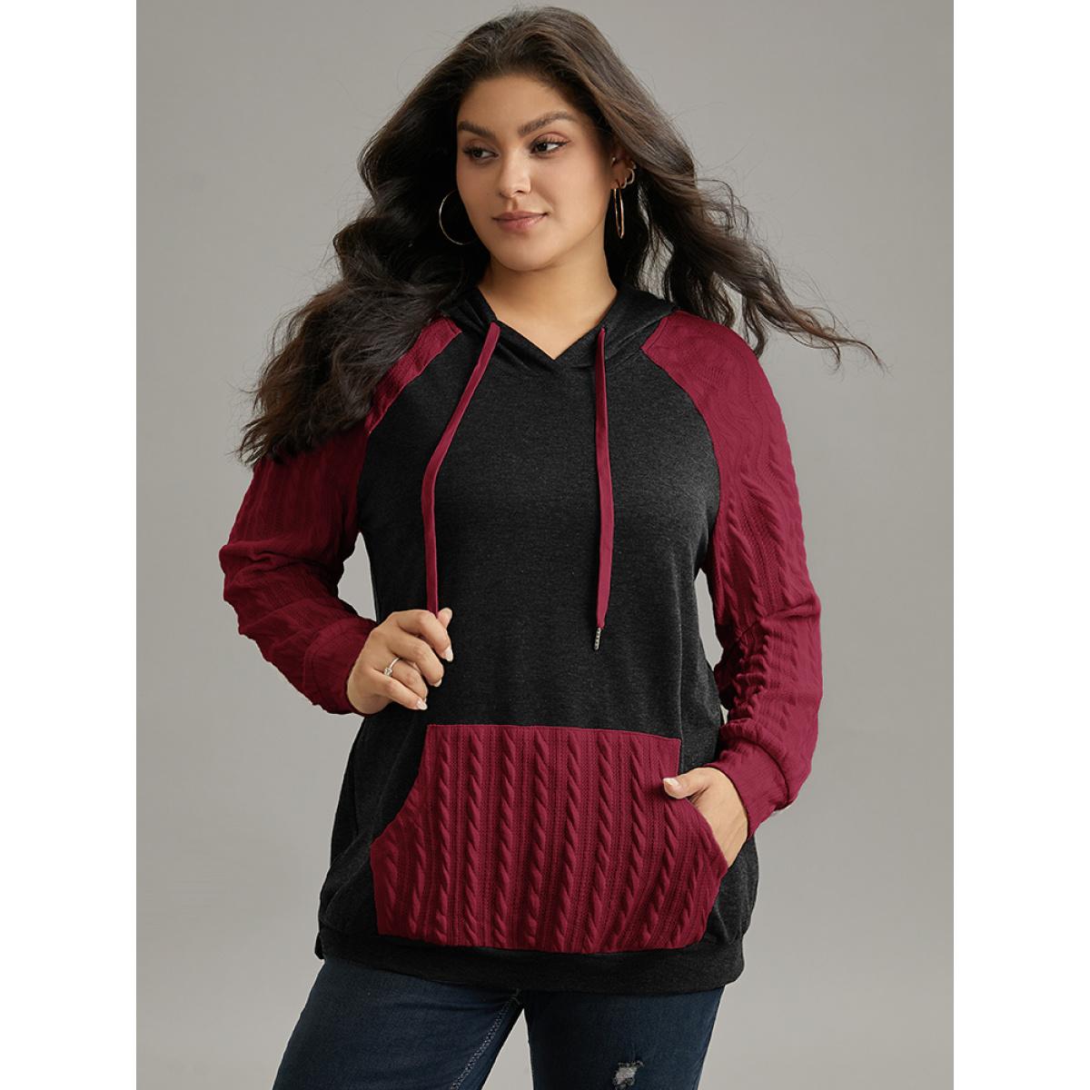 Plus Size Contrast Cable Knit Pocket Hooded Drawstring Sweatshirt Women Black Casual Texture Hooded Everyday Sweatshirts BloomChic 10/M Product Image