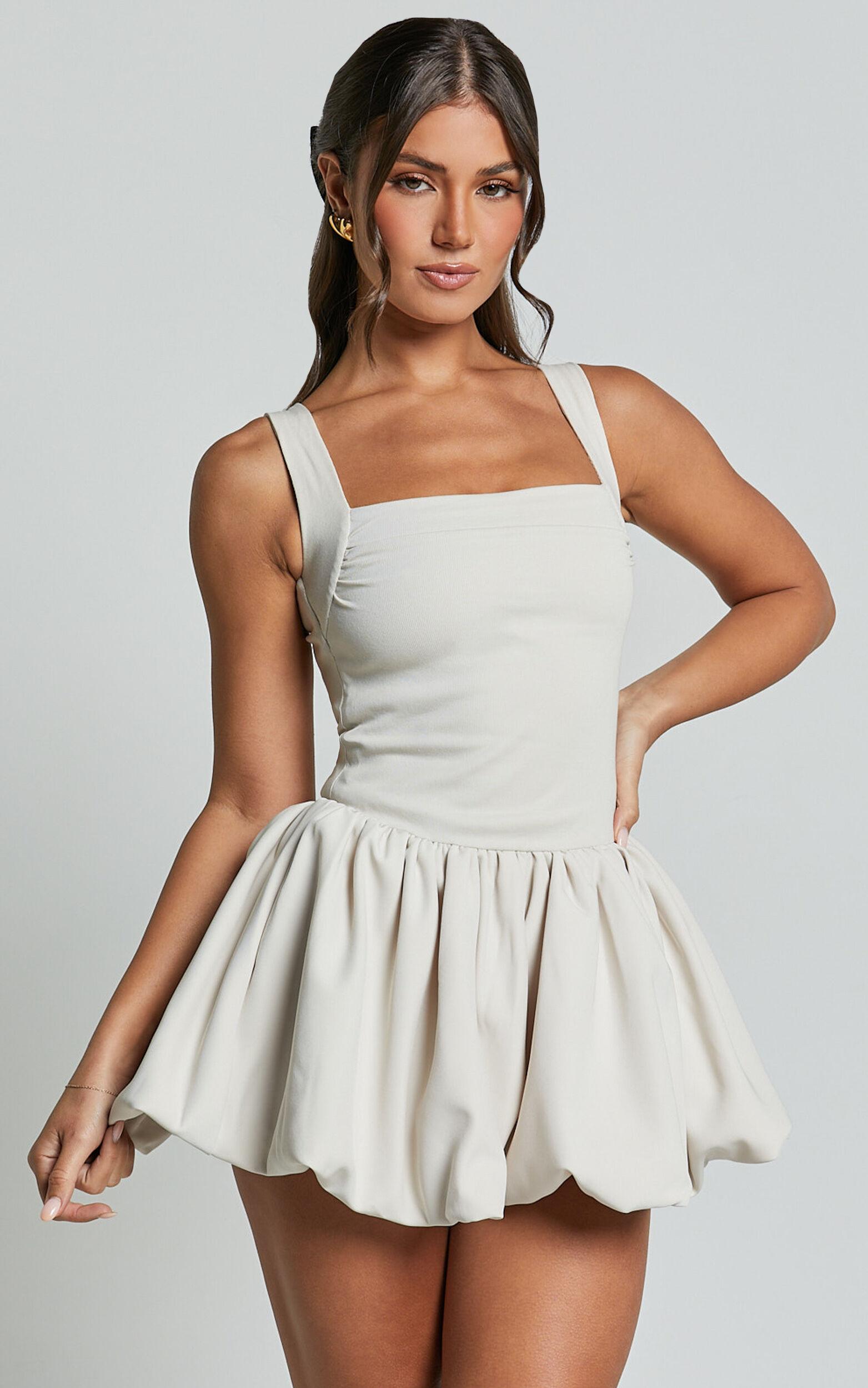 Bridgette Mini Dress - Straight Neck Sleeveless Bubble Hem Dress in Cream Product Image