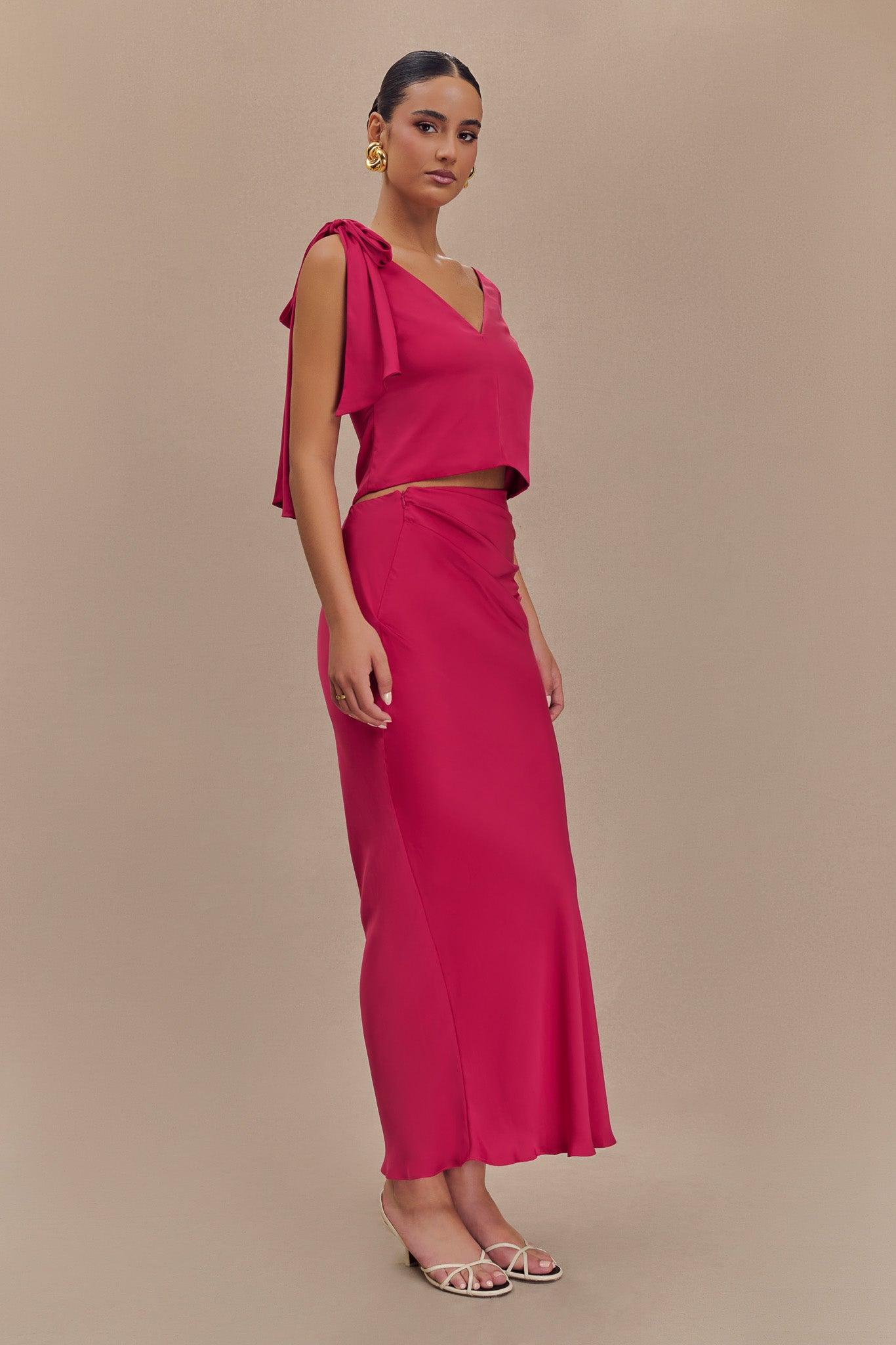 Nicola Satin Asymmetric Maxi Skirt - Pink Cherry Product Image
