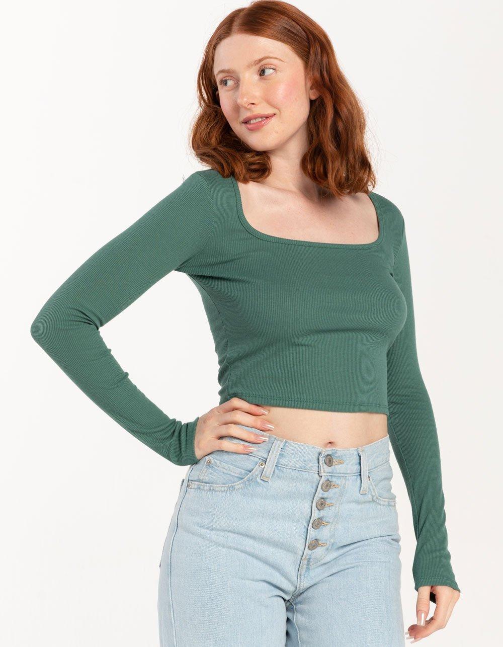 TILLYS Square Neck Womens Long Sleeve Top - DK GREEN Product Image