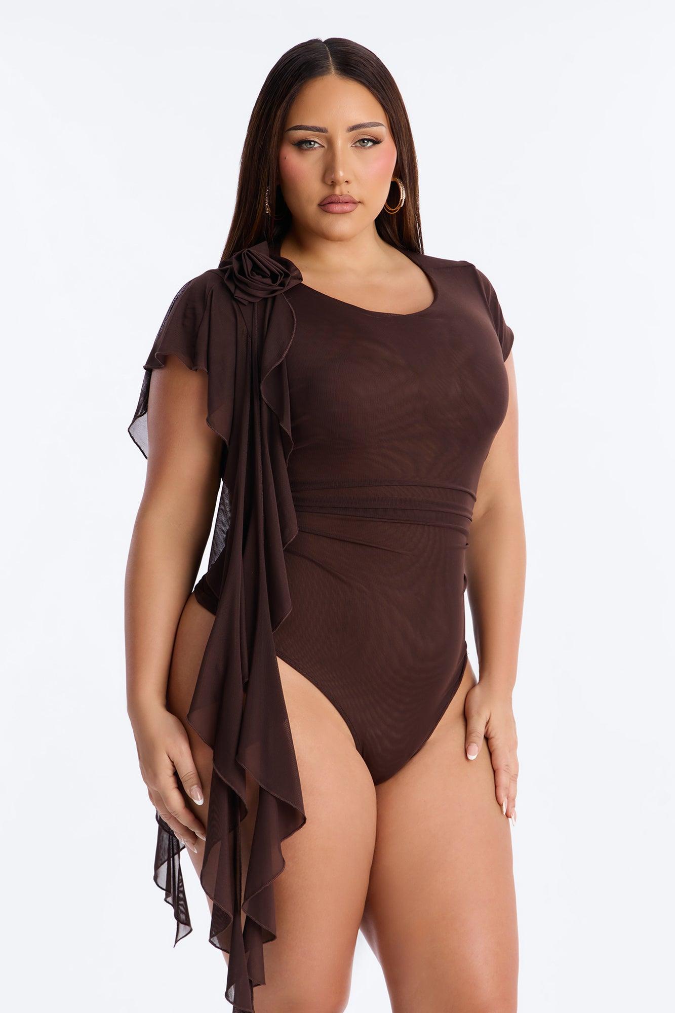 Haley Ruffle Mesh Cap Sleeve Bodysuit - Chocolate Female Product Image