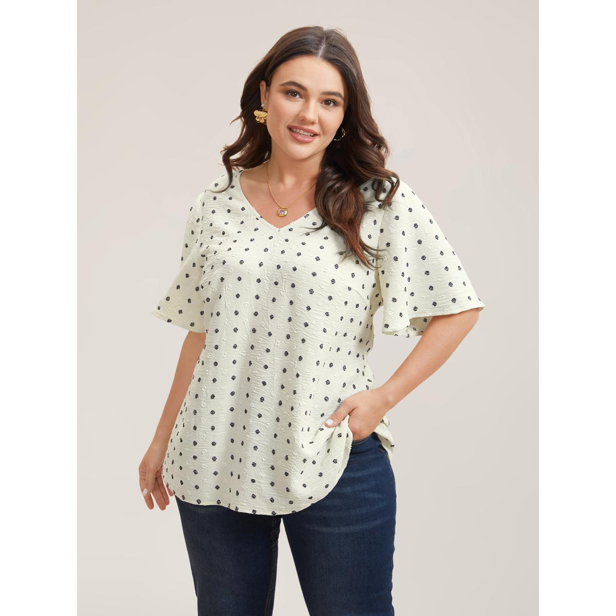 Plus Size Beige Textured Polka Dot Print Flared Sleeve Shirt Women Retro Short sleeve V-neck Elegant Blouses BloomChic 12/L Product Image